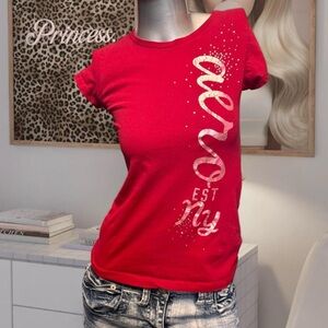 Aeropostale Vintage Y2K Baby Tee - Red & Rhinestones